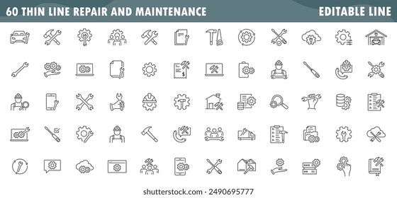 Set of related to repair, maintenance, construction, Linear icon collection, thin line symbol isolated on white background, editable stroke eps 10 vector illustration