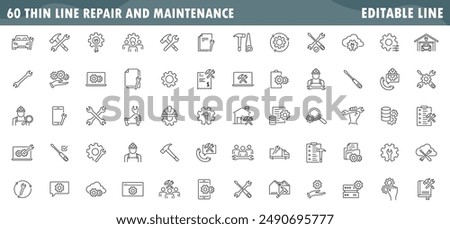 Set of related to repair, maintenance, construction, Linear icon collection, thin line symbol isolated on white background, editable stroke eps 10 vector illustration