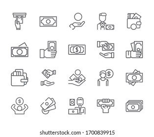 Conjunto de iconos de línea de vectores relacionados con С а sh. Incluye íconos como dinero, moneda, dólares, billetes de papel, moneda y más. - vector