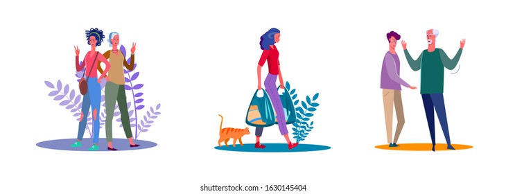 Set of relatives posing together and arguing. Flat vector illustrations of housewife holding grocery bags. Discussion, posing, shopping, family concept for banner, website design or landing web page