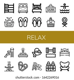 Set of relax icons. Such as Bunk bed, Hot tub, Bed, Flip flops, Sandals, Sauna, Waterpark, Chair, Yoga, Pamela, Water slide, Hydrotherapy, Essential oils , relax icons
