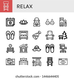 Set of relax icons such as Chair, Summer, Lotus flower, Golfer, Massage, Aromatherapy, Flip flops, Bed, Essential oil, Armchair, Bench, Sauna, Pamela, Fish therapy, Visual , relax