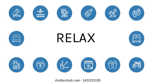 Set of relax icons such as Deck chair, Waterpark, Chair, Essential oil, Sunbathing, Slippers, Aromatherapy, Sandal, Acupuncture, Summer, Flip flops, Bench, Bed , relax