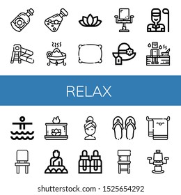 Set of relax icons. Such as Essential oil, Water slide, Incense, Lotus flower, Pillow, Chair, Pamela, Golfer, Sauna, Waterpark, Aromatic candle, Buddha, Relax, Essential oils , relax icons