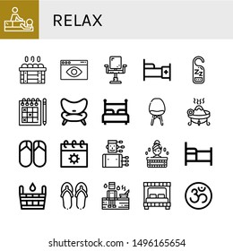 Set of relax icons such as Massage, Sauna, Visual, Chair, Bed, Do not disturb, Sudoku, Incense, Flips flops, Summer, Acupuncture, Flip flops, Om , relax