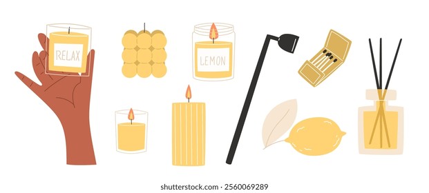 Set of relaxation candles with lemon and citrus scents, accompanied by a fragrance oil reed diffuser