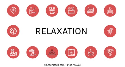 Set of relaxation icons such as Holidays, Acupuncture, Sand bucket, Sauna, Bed, Bench, Roller skate, Tent, Summer, Incense, Aromatic, Volleyball , relaxation