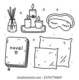 A set of relaxation items - aroma candles, essential oil, a sleep mask, pillows and a novel. Me time, self care, slow life concept. Vector hand-drawn illustration in doodle style. 