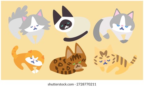 Un conjunto de ilustraciones de personajes relajados de lindos gatos acostados.