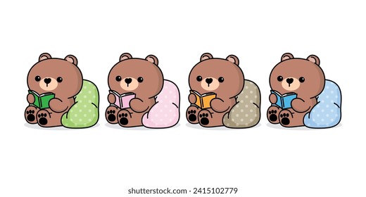 Conjunto de relajantes adorables oso de dibujos animados leyendo un libro colorido sobre bolso de abejas pastel aislado sobre fondo de color blanco, símbolo de icono elemento de objeto ilustración vectorial.