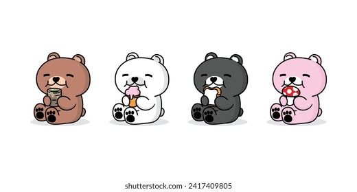 Set of relaxing cute cartoon colorful bear eating green tea, Gelato ice cream, soft serve, bread, mushroom on beanbags isolated white color background, icon symbol object element vector illustration.