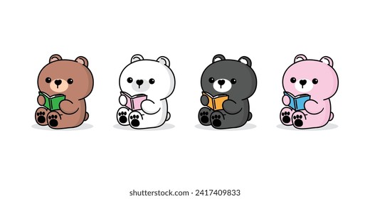 Set of relaxing cute cartoon colorful bear sitting and reading a book isolated on white color background, icon symbol object element vector illustration.