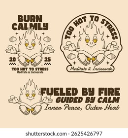 Set of relaxing flame characters with retro comic style and warm tones