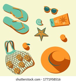 Set For Relaxing On The Beach. Hat, Sun Protection, Glasses, Eco Bag, Oranges. Shell, Starfish. Vector Illustration.