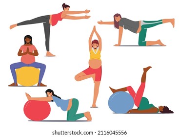 Set of Relaxing Pregnant Women Meditating, Exercising on Fit Ball, Healthy Pregnancy Concept. Female Characters Practicing Yoga Isolated on White Background. Cartoon People Vector Illustration