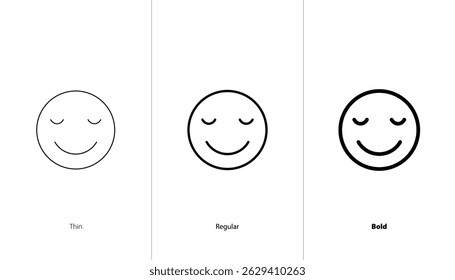 Conjunto de ícone de rosto aliviado. ícones de linha fina, regular e negrito. emoção smileys. símbolo emoji relaxado. face pacífica. ícone de vetor