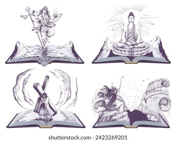 Set religion book read. Buddha, shiva, christ and moses. Vector illustration