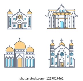 Set of religion buildings. Church, mosque, synagogue, pagoda. Traditional religions architecture. Vector illustration.