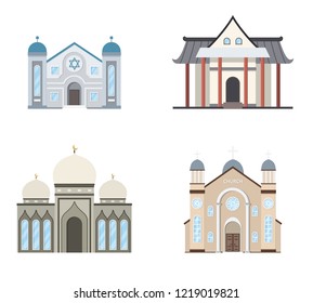 Set of religion buildings. Church, mosque, synagogue, pagoda. Traditional religions architecture. Vector illustration.