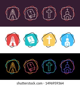 Set of religion christian simple colorful icon in three styles. Cross, pray, church, holy bible.