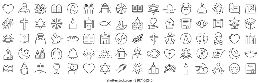 Set of religion and faith line icons. Collection of black linear icons