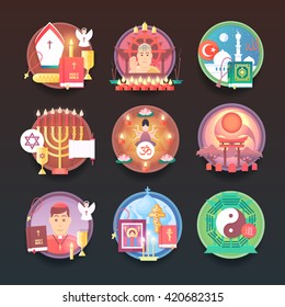 Conjunto de iconos religiosos. Religiones y confesiones ilustran conceptos. Estilo moderno y plano.