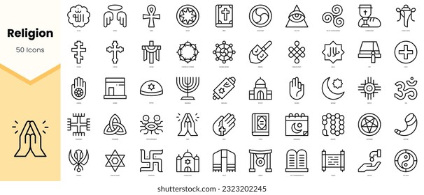 Set von religiösen Symbolen. Paket mit einfachen Kunstsymbolen für Linien. Vektorgrafik