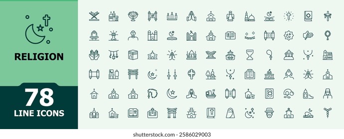 Set of Religion line icons. Contains related to goodness, catholic, religion, pray, buddhism, peace and more. Web icons. Minimalist vector.