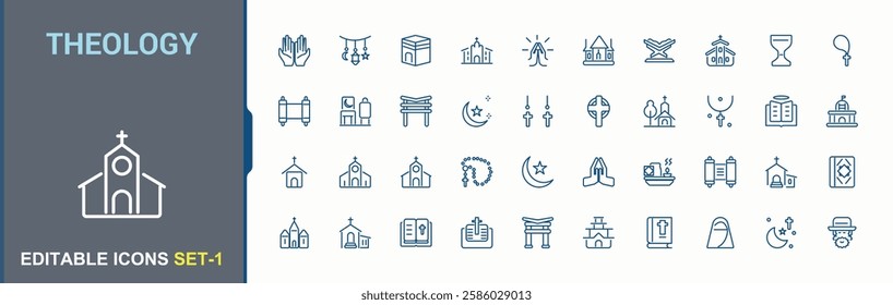 Set of Religion line icons. Contains such icons as buddhism, pray, cross, church, spirit, spirituality, grace, islam. Outline symbol collection. Editable vector icon and illustration.