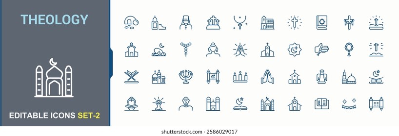 Set of Religion line icons. Contains such icons as buddhism, pray, cross, church, spirit, spirituality, grace, islam. Outline symbol collection. Editable vector icon and illustration.