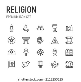 Set of religion line icons. Premium pack of signs in trendy style. Pixel perfect objects for UI, apps and web. 