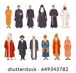 Set of religion people. Different characters collection: buddhist monk, christian priests,  patriarchs, rabbi judaist, muslim mullah, sikh, hindu leader, krishnaite. Colorful vector illustration.