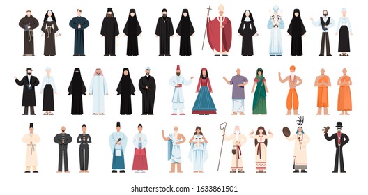 Set of religion people wearing specific uniform. Male and female religious figure collection. Buddhist monk, christian priests, rabbi judaist, muslim mullah. Flat vector illustration