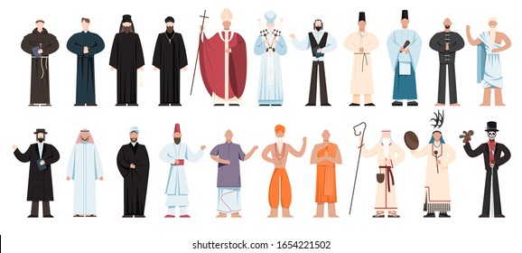 Set of religion people wearing specific uniform. Male religious figure collection. Buddhist monk, christian priests, rabbi judaist, muslim mullah. Flat vector illustration