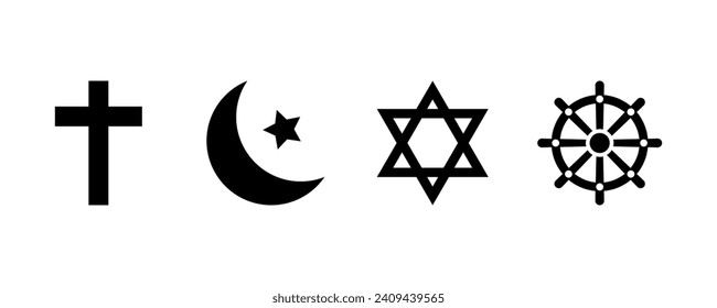 Set of religion symbols. Christianity, buddhism, judaism and islam signs.