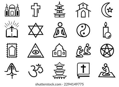 Set of Religion Symbols illustration Vector Icons. Contains such Icons as Prayer, church, bible, cross, mosque, yin yang and more. editable file