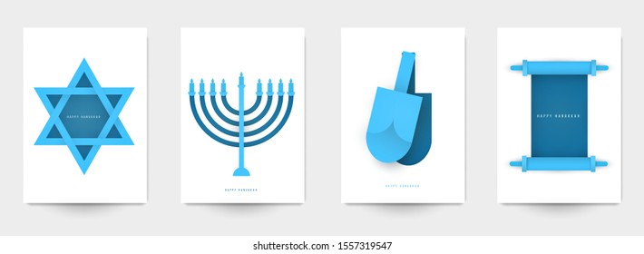 Set of religious background for covers, invitations, posters, banners, flyers, placards. Minimal template design for branding, advertising hanukkah holiday in paper cut style. Vector illustration.