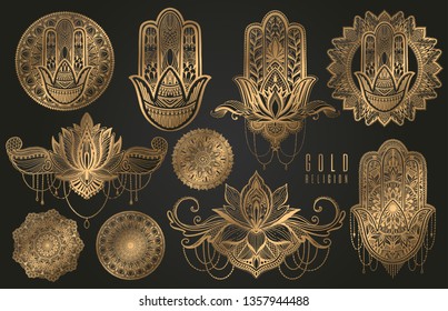 Set of religious Buddhism oriental elements of gold color. Hamsa talisman,mandala,lotus flower. Gold gradient element in black background.Vector illustration.