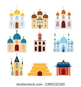 Set of religious building sflat design. Vector different religious temples catholicism, islamism, judaism, orthodox, hinduism and buddhism