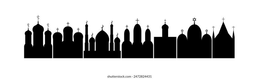 Set of religious building silhouettes. Vector different religious temples catholicism, islamism, judaism, orthodox