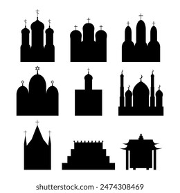 Set of religious building silhouettes. Vector different religious temples catholicism, islamism, judaism, orthodox, hinduism and buddhism