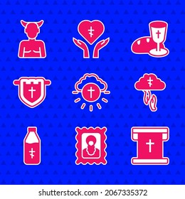Set Religious cross in circle, Christian icon, Flag with christian, God's helping hand, Holy water bottle, Goblet bread and Krampus, heck icon. Vector