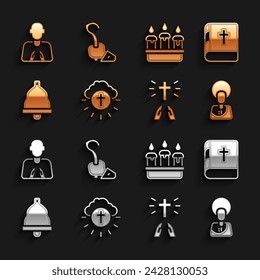 Set Religious cross in circle, Holy bible book, Jesus Christ, Hands praying position, Church bell, Burning candle candlestick,  and Magic staff icon. Vector