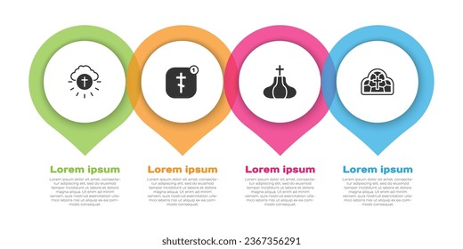 Set Religious cross in circle, Online church pastor preaching, Church tower and Stained glass. Business infographic template. Vector
