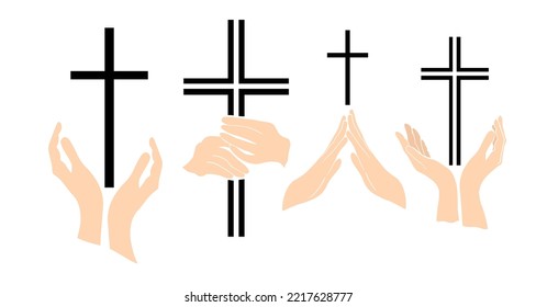 Set of religious cross in hands. Vector illustration