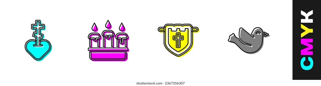 Fijar la cruz religiosa en el corazón, quemar el candelabro de la vela, Bandera con cristiano e ícono de la cocina. Vector