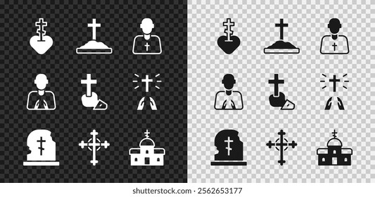 Set Religious cross in heart, Grave with, Priest, tombstone, Christian, Church building, Hands praying position and  icon. Vector