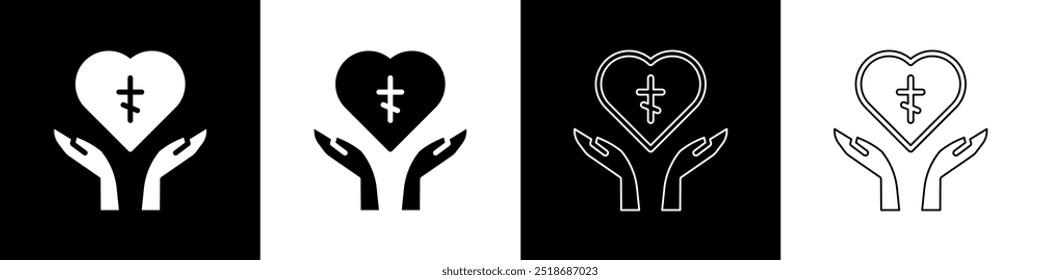 Set Religious cross in the heart inside icon isolated on black and white background. Love of God, Catholic and Christian symbol. People pray.  Vector