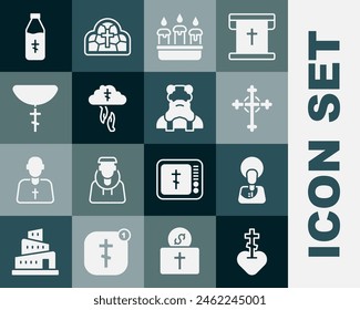 Set Religious cross in heart, Jesus Christ, Christian, Burning candle candlestick, God's helping hand, on chain, Holy water bottle and Priest icon. Vector