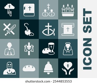 Set Religious cross in heart, Monk, Flag with christian, Priest, Magic staff, Crusade, God's helping hand and Christian fish icon. Vector